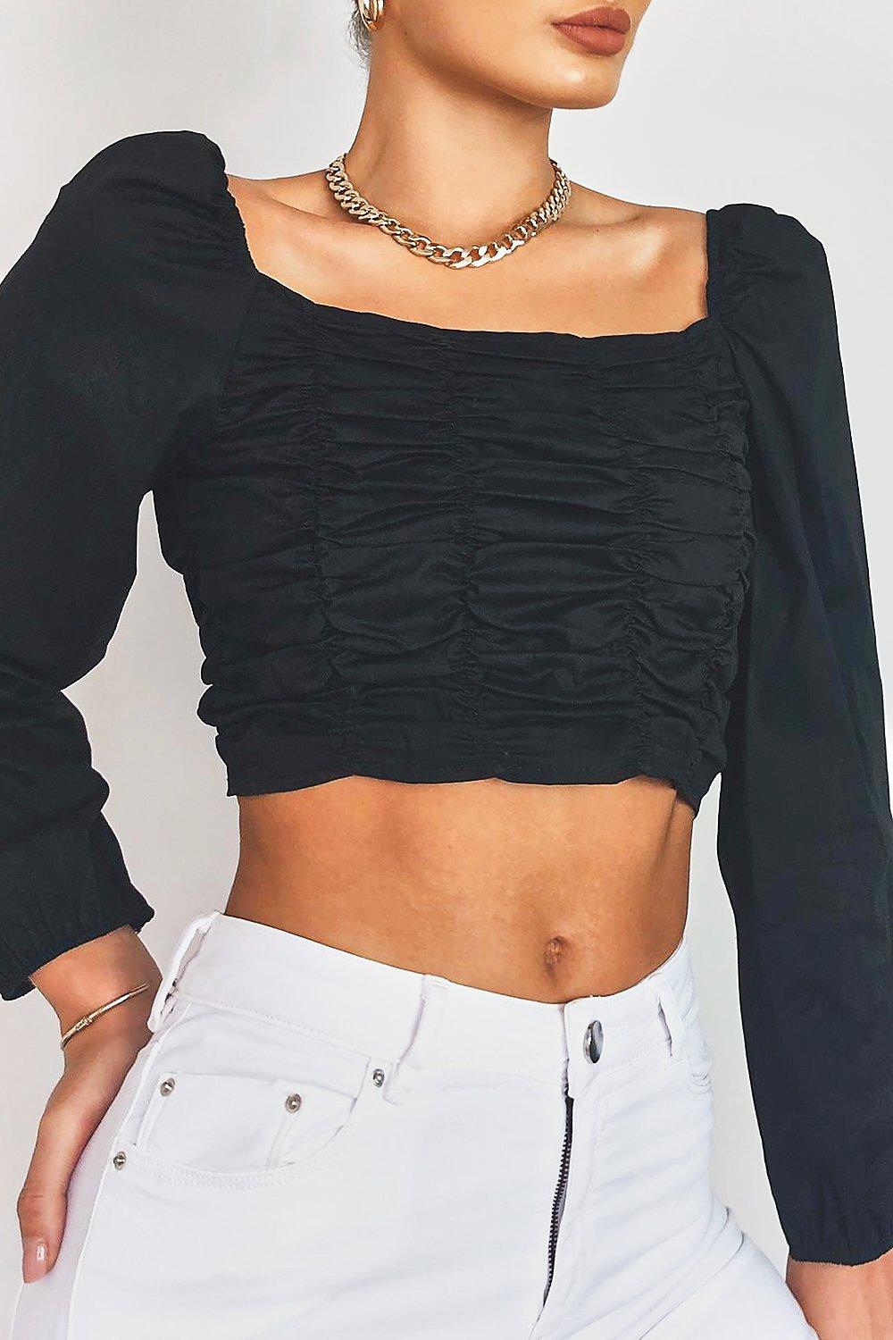 Woven Ruched Long Sleeve Crop Top