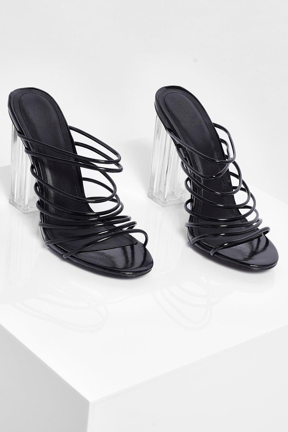 

Clear Block Heel Multi Strap Mules, Black