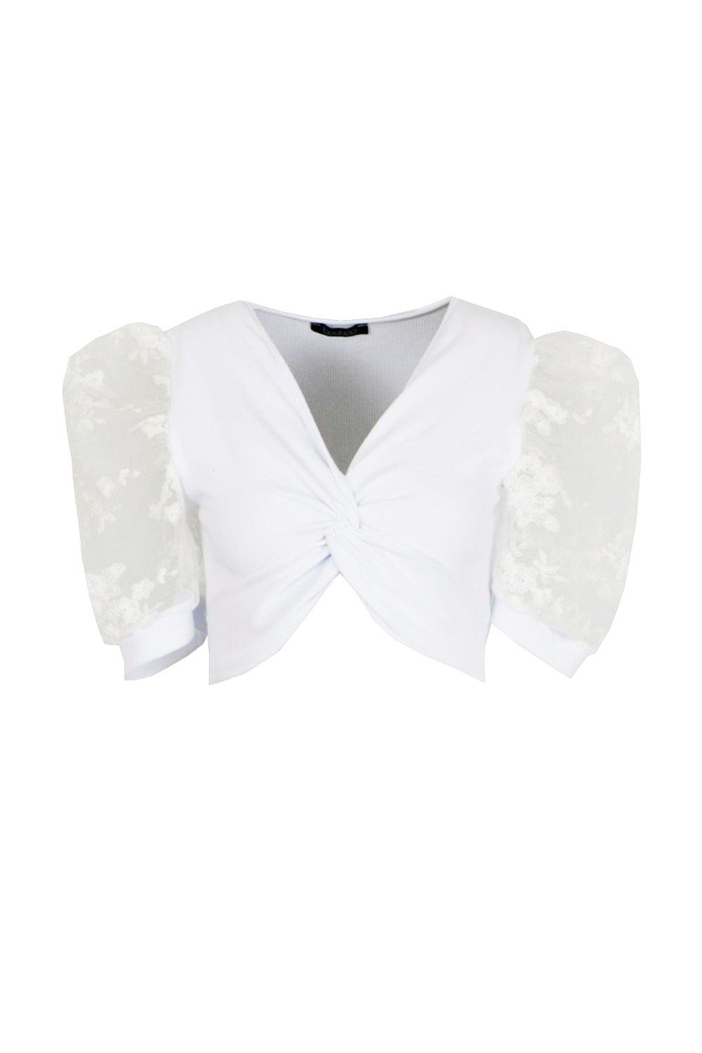 

Кроп-топ из сетки с цветочным рисунком с узлом спереди, White