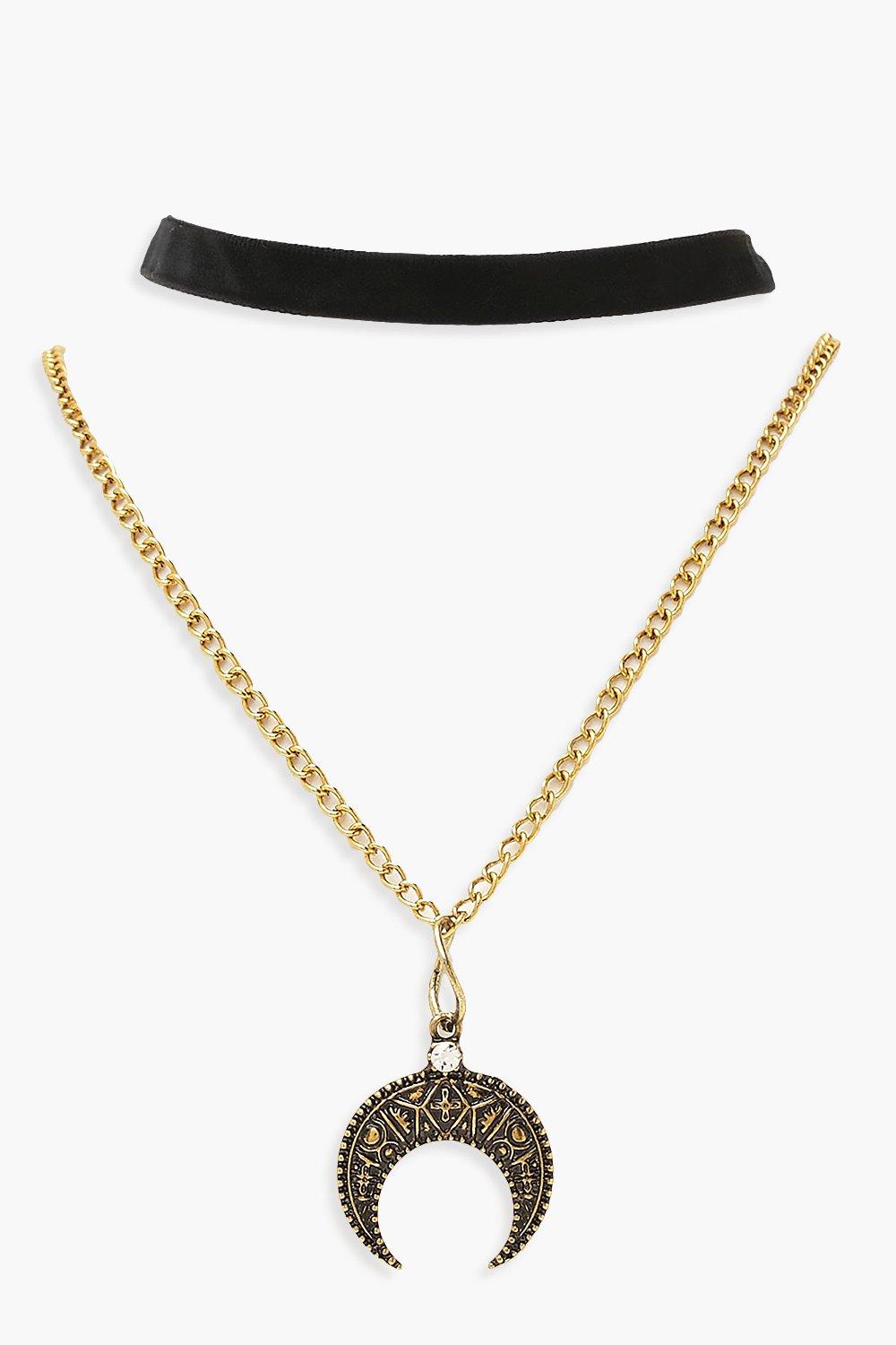 

Velvet & Chain Choker With Half Moon Pendant, Black