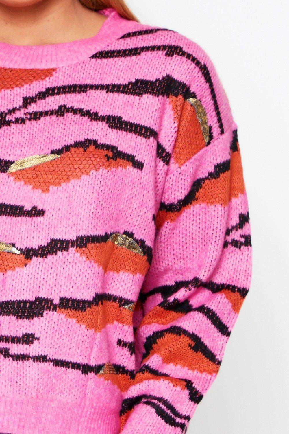 

Tiger Print Sequin Knitted Jumper, Pink