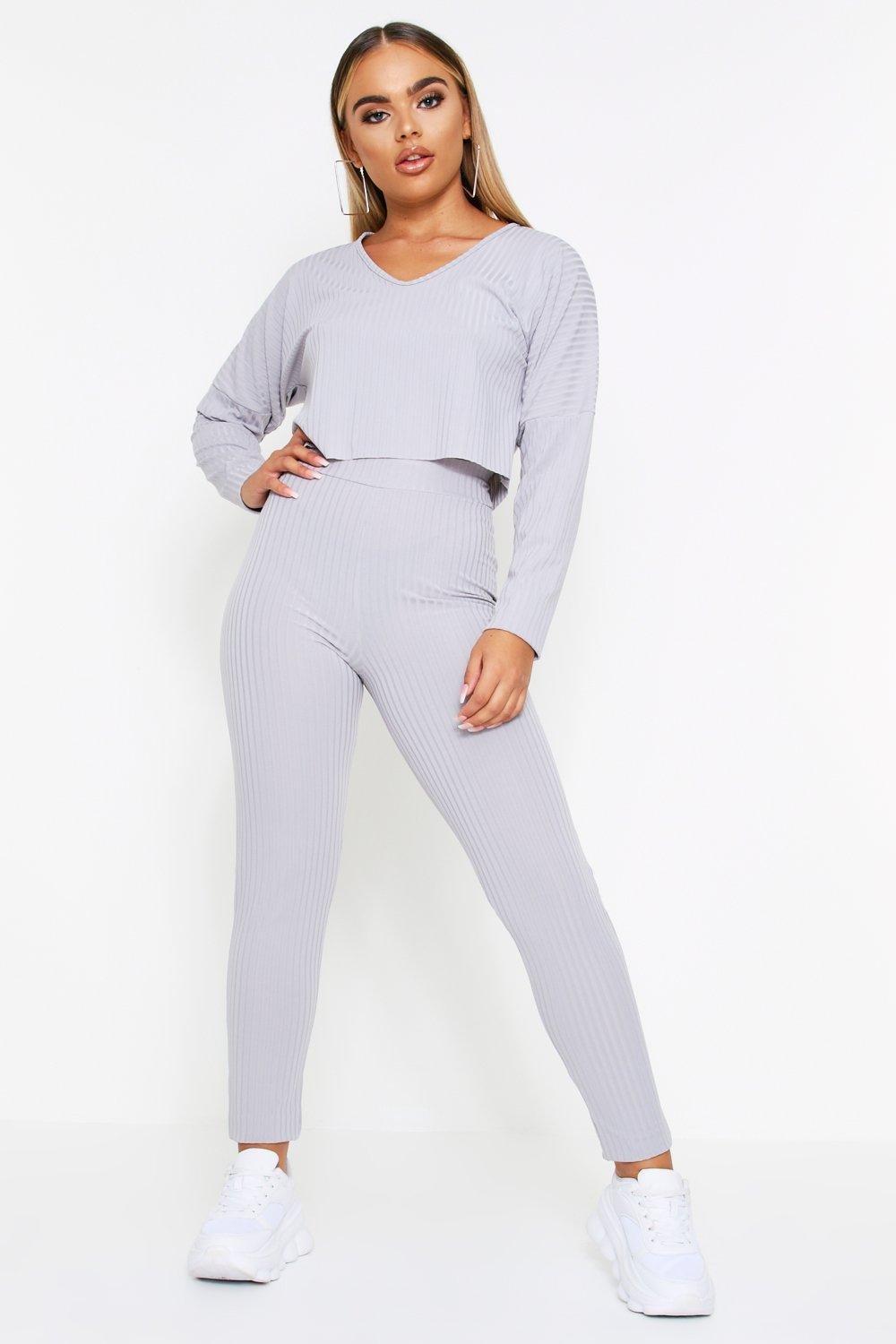 

Scoop Neck Ribbed Lounge Set, Grey