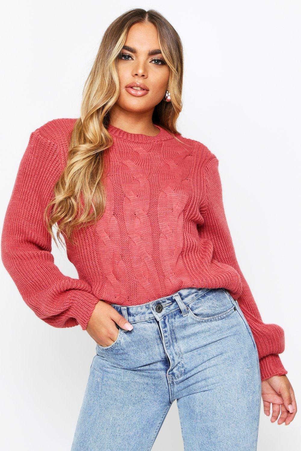 

Cable Knit Cropped Balloon Sleeve Jumper, Black