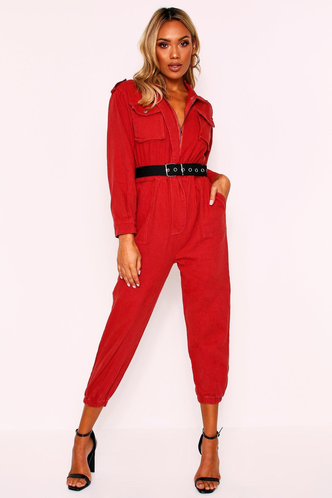 red utility jumpsuit