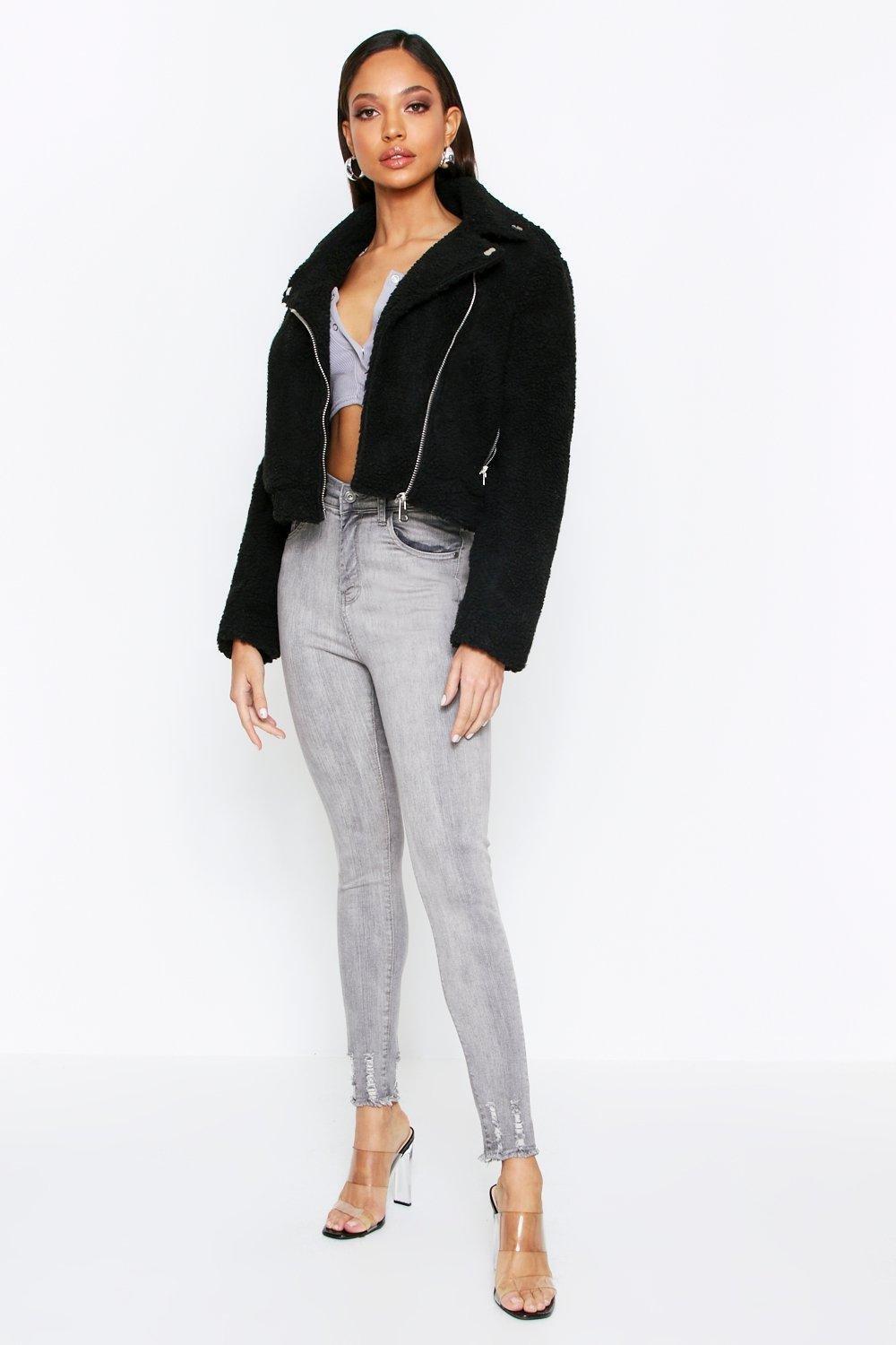 

Teddy Fur Biker Jacket, Black