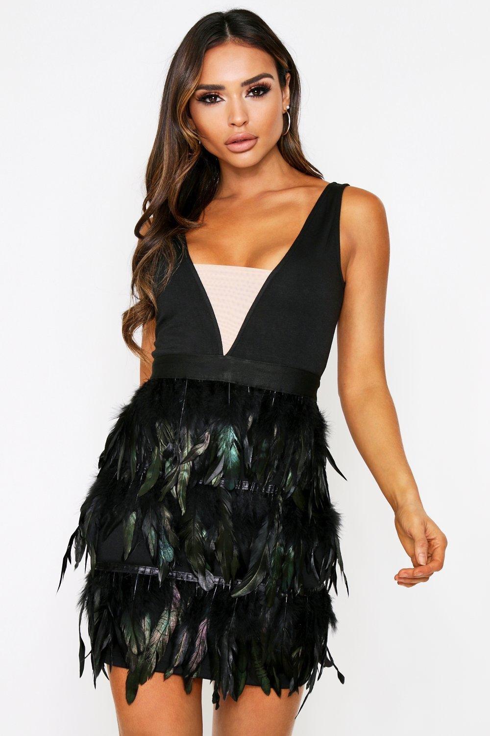 

Feather Plunge Mini Dress, Black