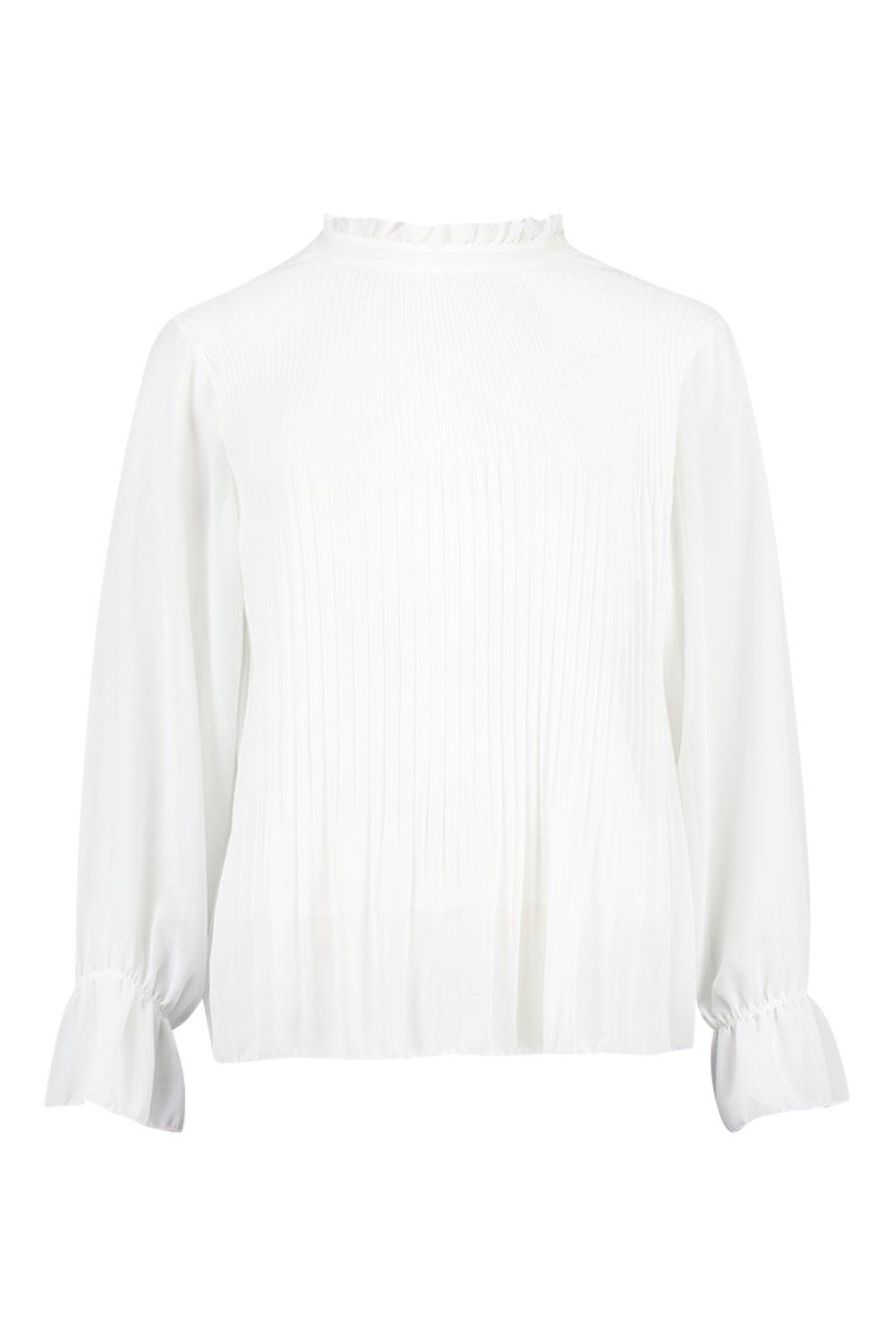 

Блузка с рюшами вдоль горловины и плиссировкой, White