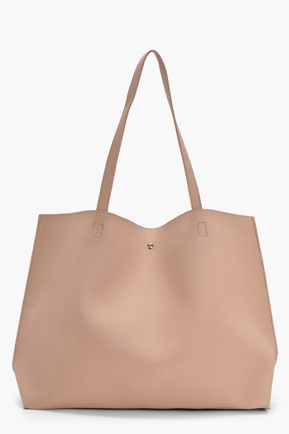 Womens Large Popper Tote Shopper Bag - Beige - One Size, Beige