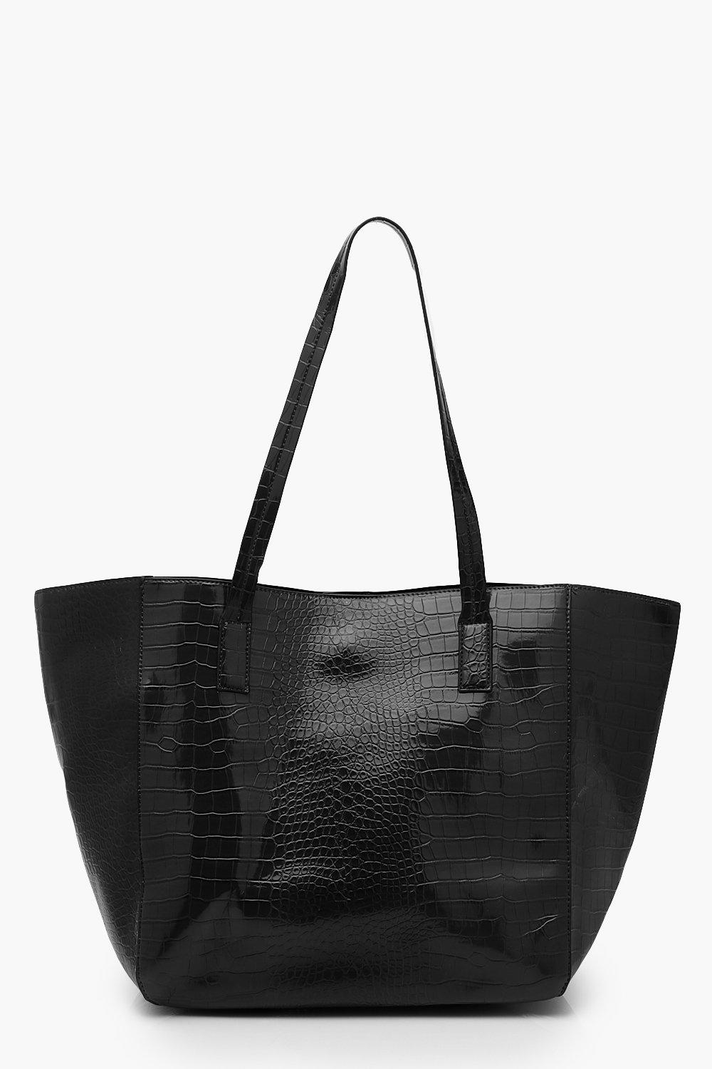 womens oversized faux leather croc tote day bag - black - one size, black