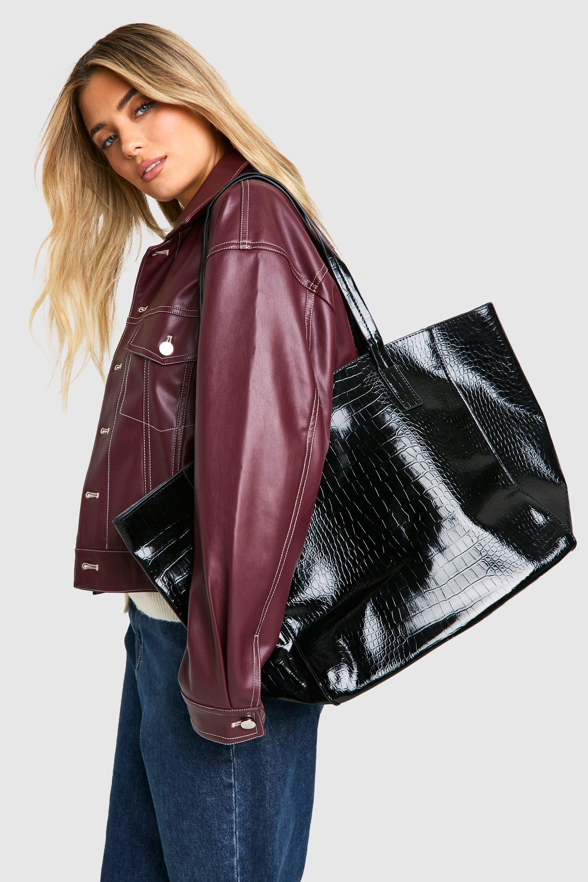 Womens Oversized Faux Leather Croc Tote Day Bag - Black - One Size, Black