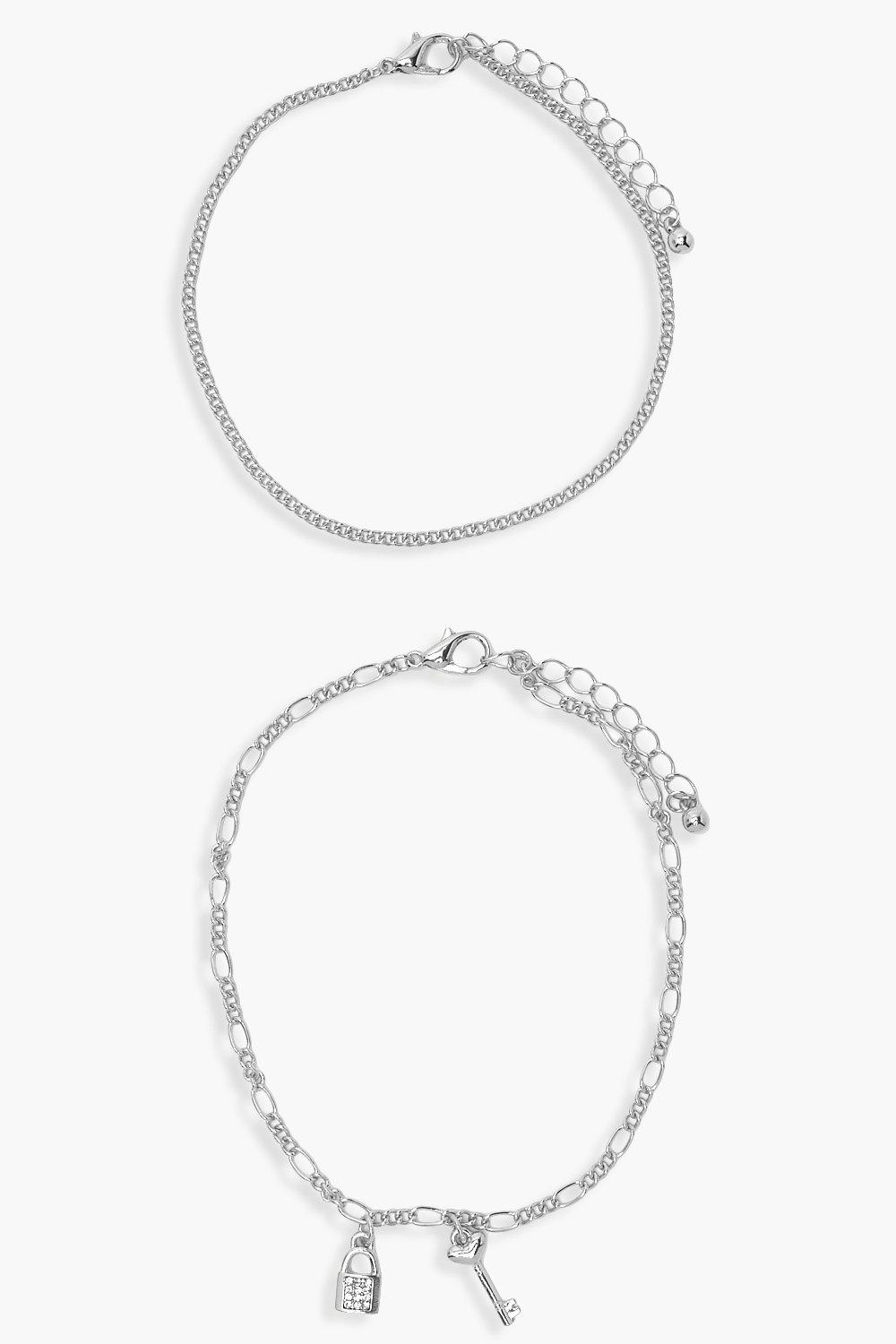 

Набор из двух браслетов на ногу с замочком и ключом, Silver