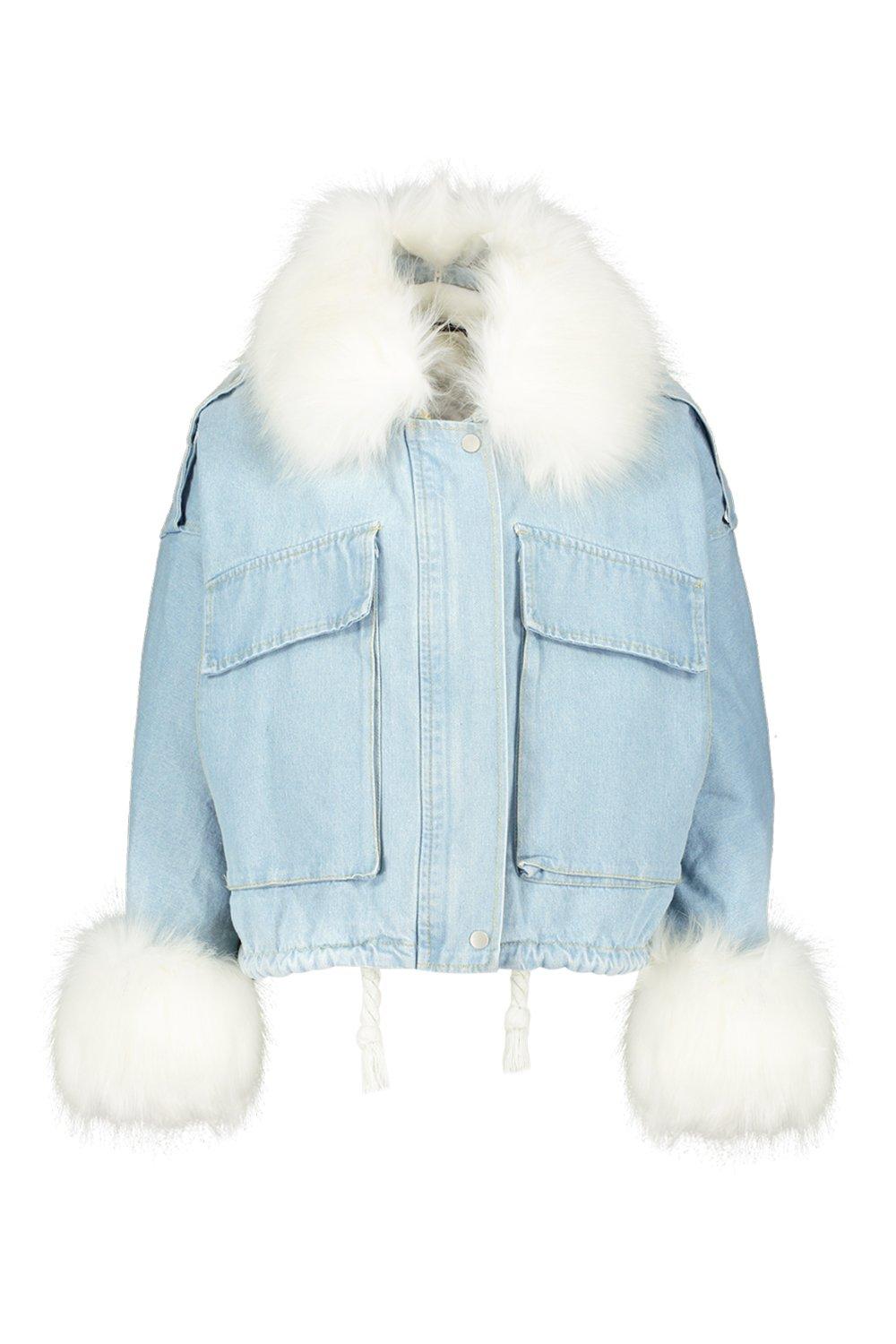 faux fur hooded denim jacket