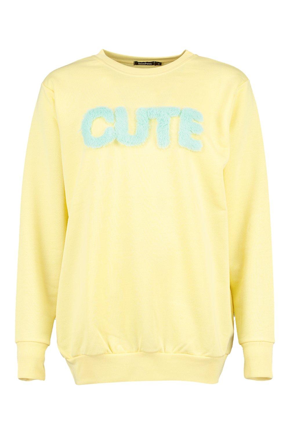 

Толстовка с надписью Cute, круглой горловиной и с мехом, Yellow