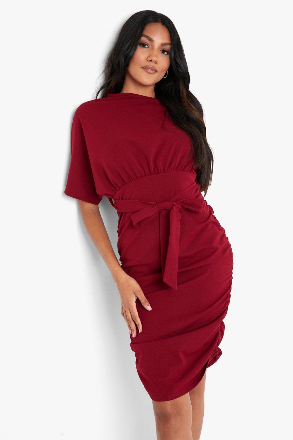 Boohoo Geplooide Midi Jurk Met Vleermuismouwen, Wine