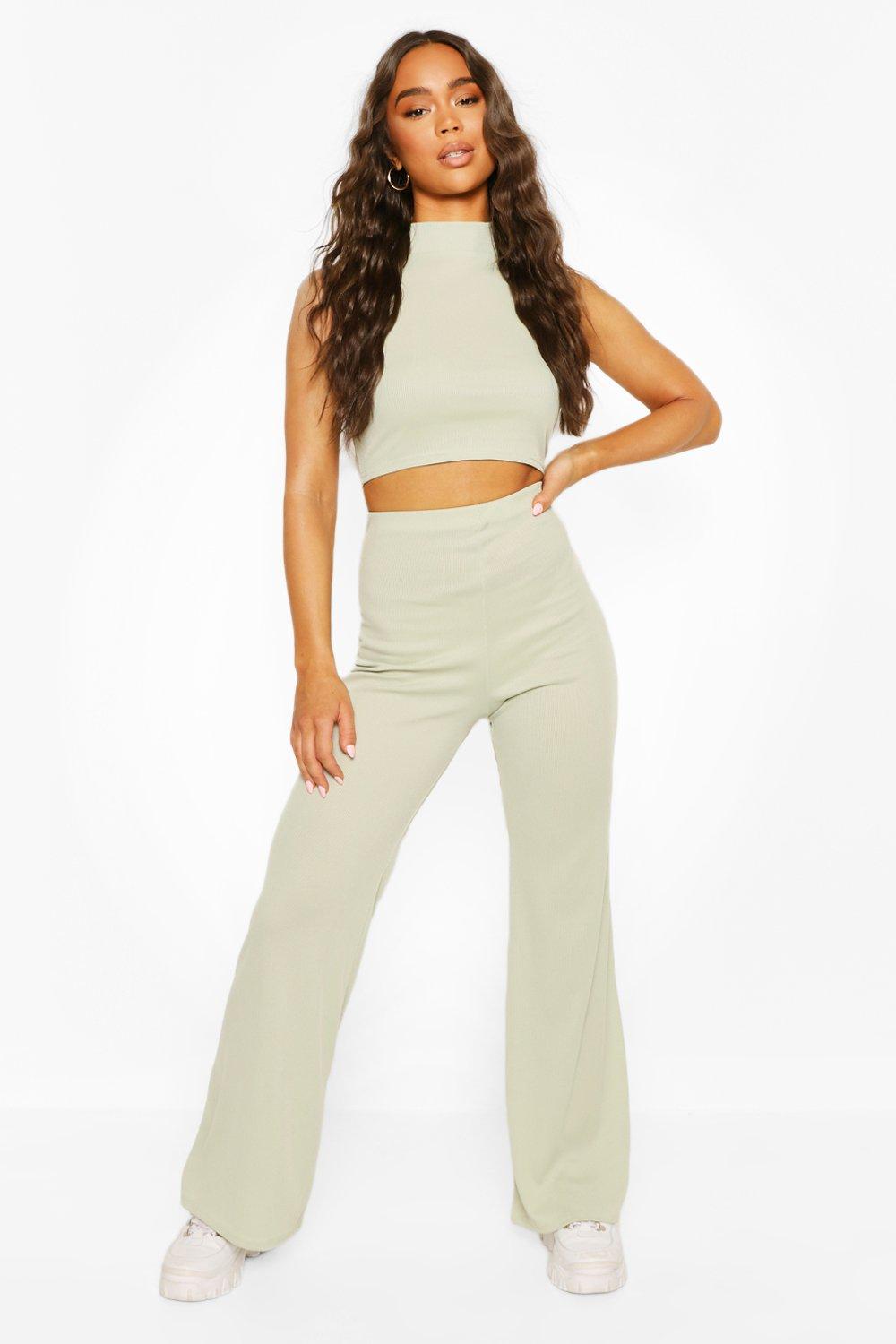 

Ribbed High Neck Top & Flare Trouser Co-ord Set, Sage