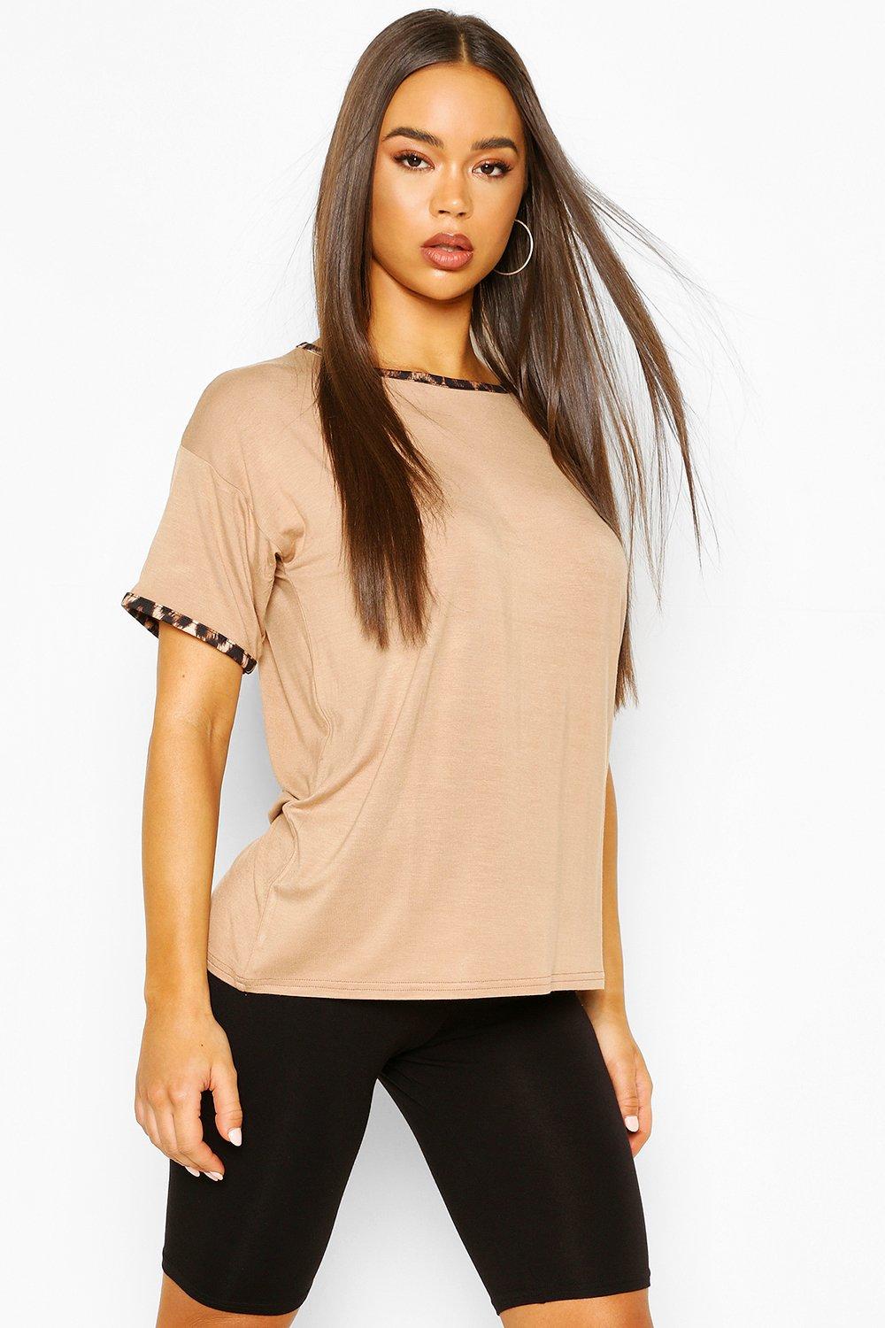 

Leopard Print Ringer Tee & Cycling Short Co-ord Set, Camel