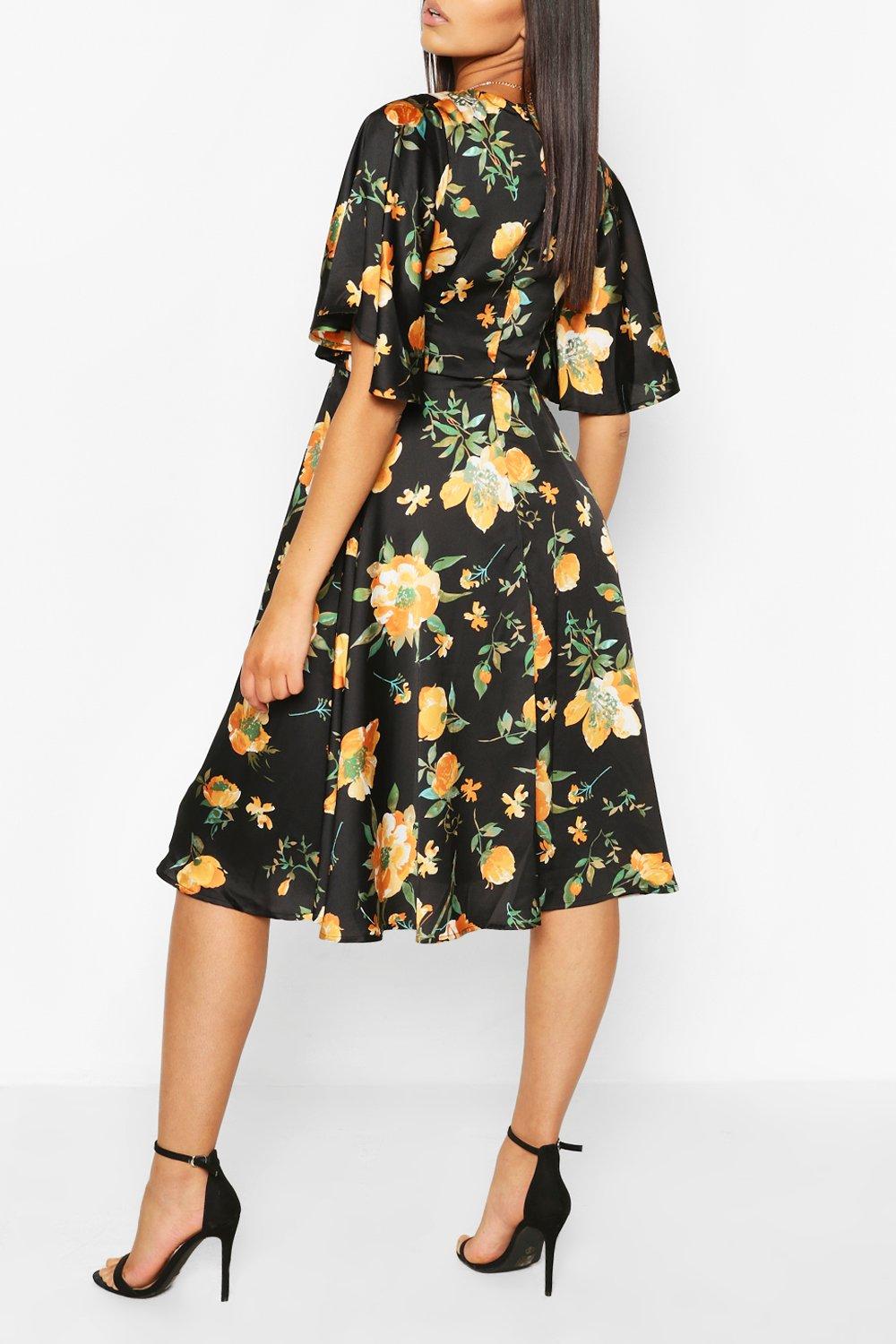 

Floral Angel Sleeve Midi Skater Dress, Blue