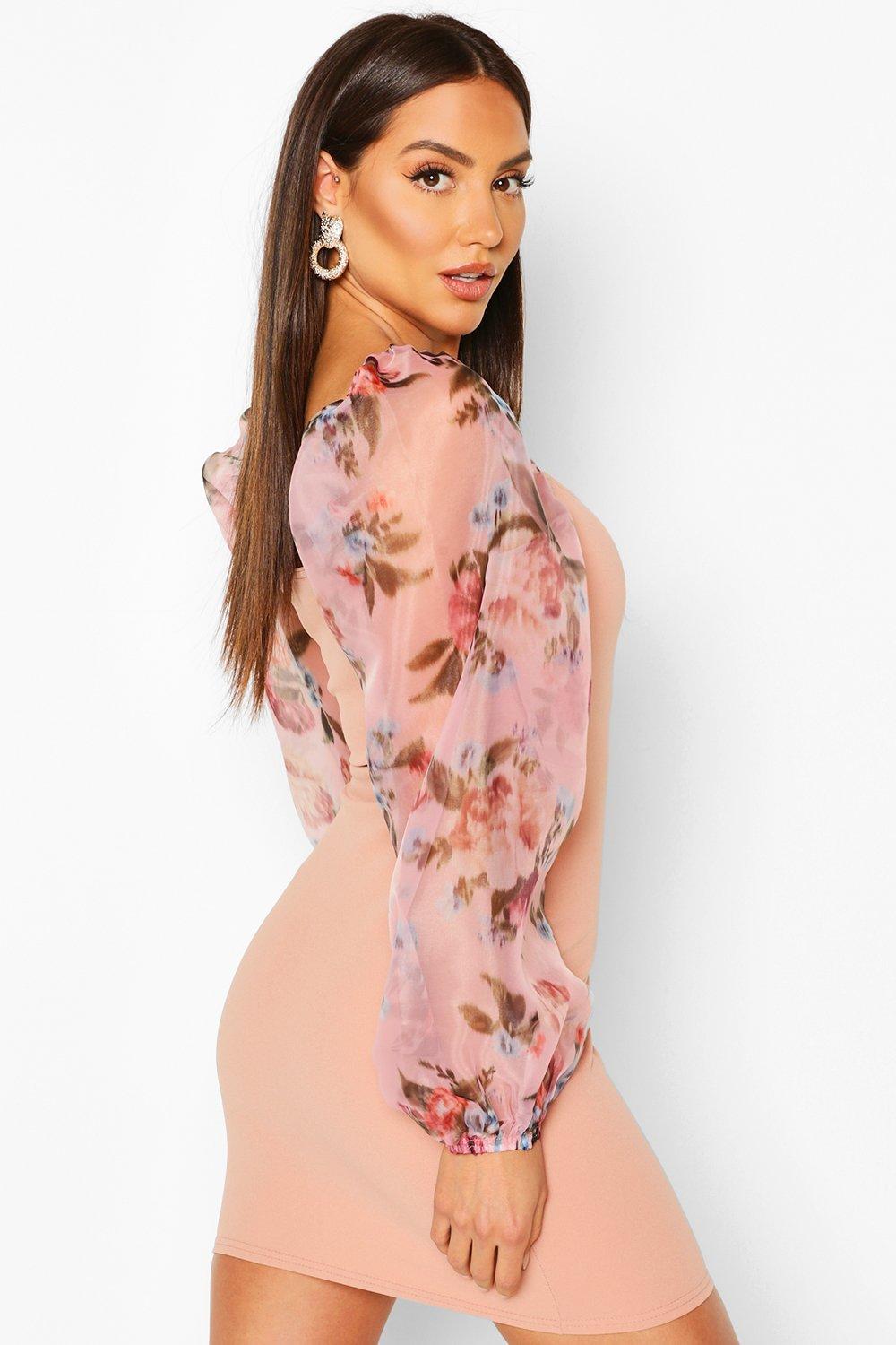 

Мини платье с рукавами из органзы с нечетким цветочным рисунком, Pink