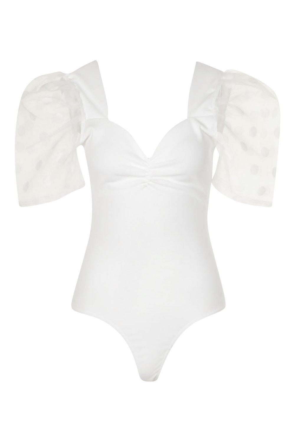 

Боди с рукавами из органзы в крапинку, White