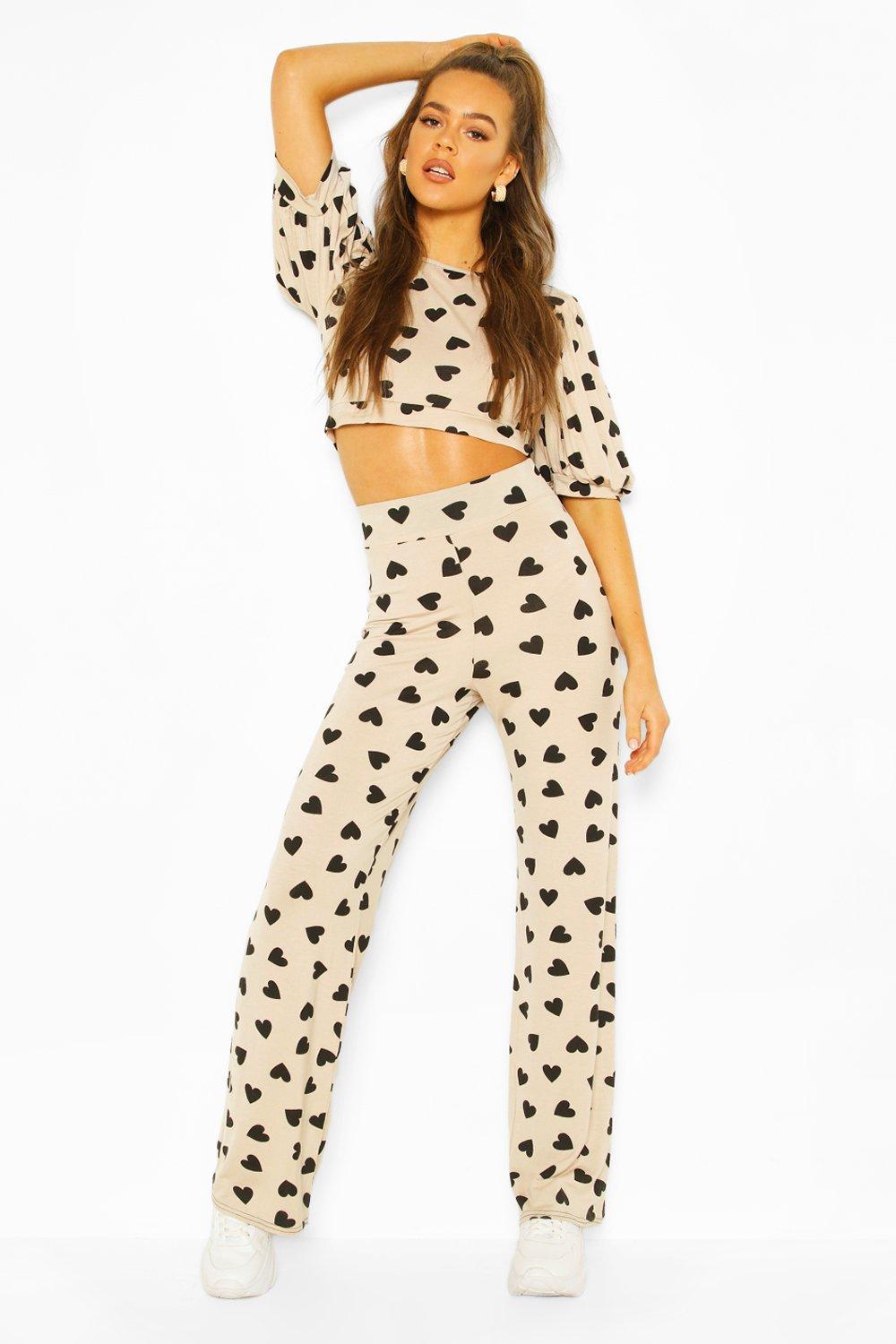 

Heart Print Puff Sleeve Top & Trousers Co-ord, Stone