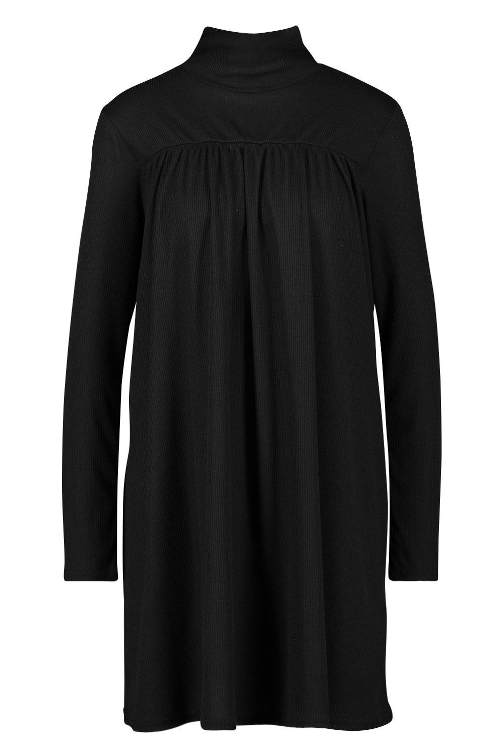 

Rib High Neck Long Sleeve Smock Dress, Black