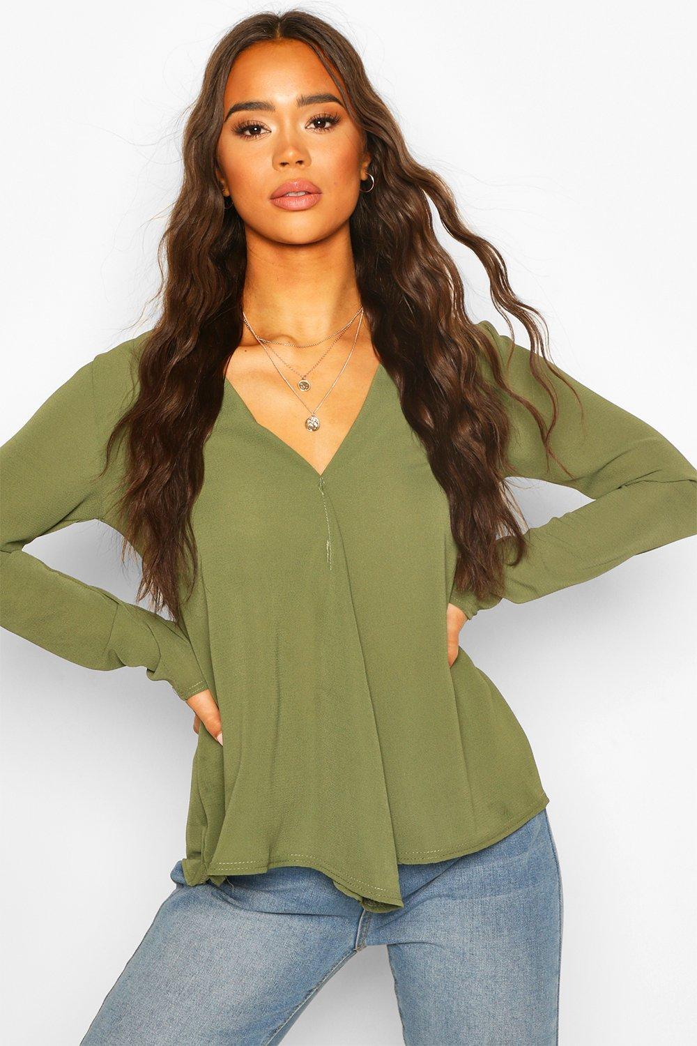 Woven Long Sleeve Blouse, Khaki