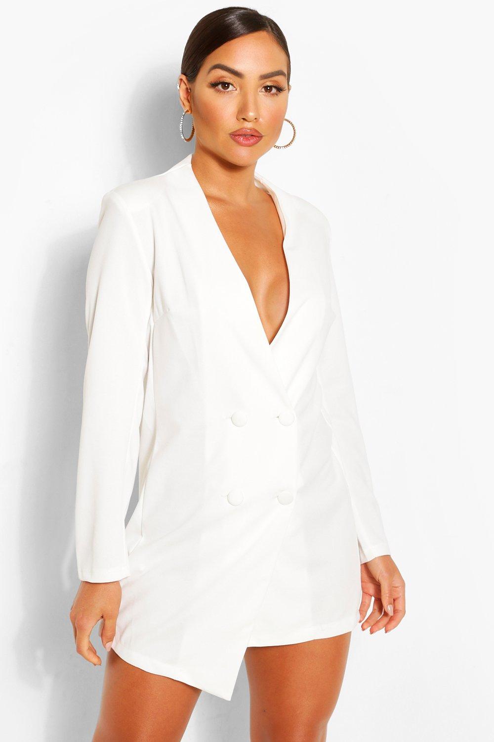 Womens Collarless Double Breasted Blazer Dress - White - 10, White