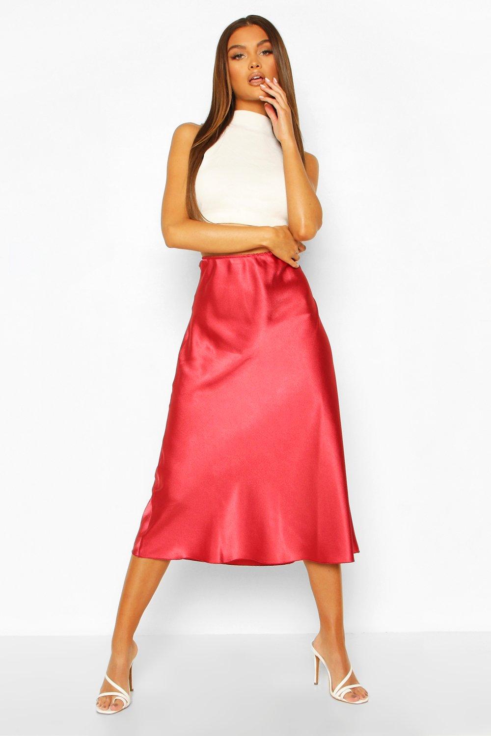 red satin slip skirt