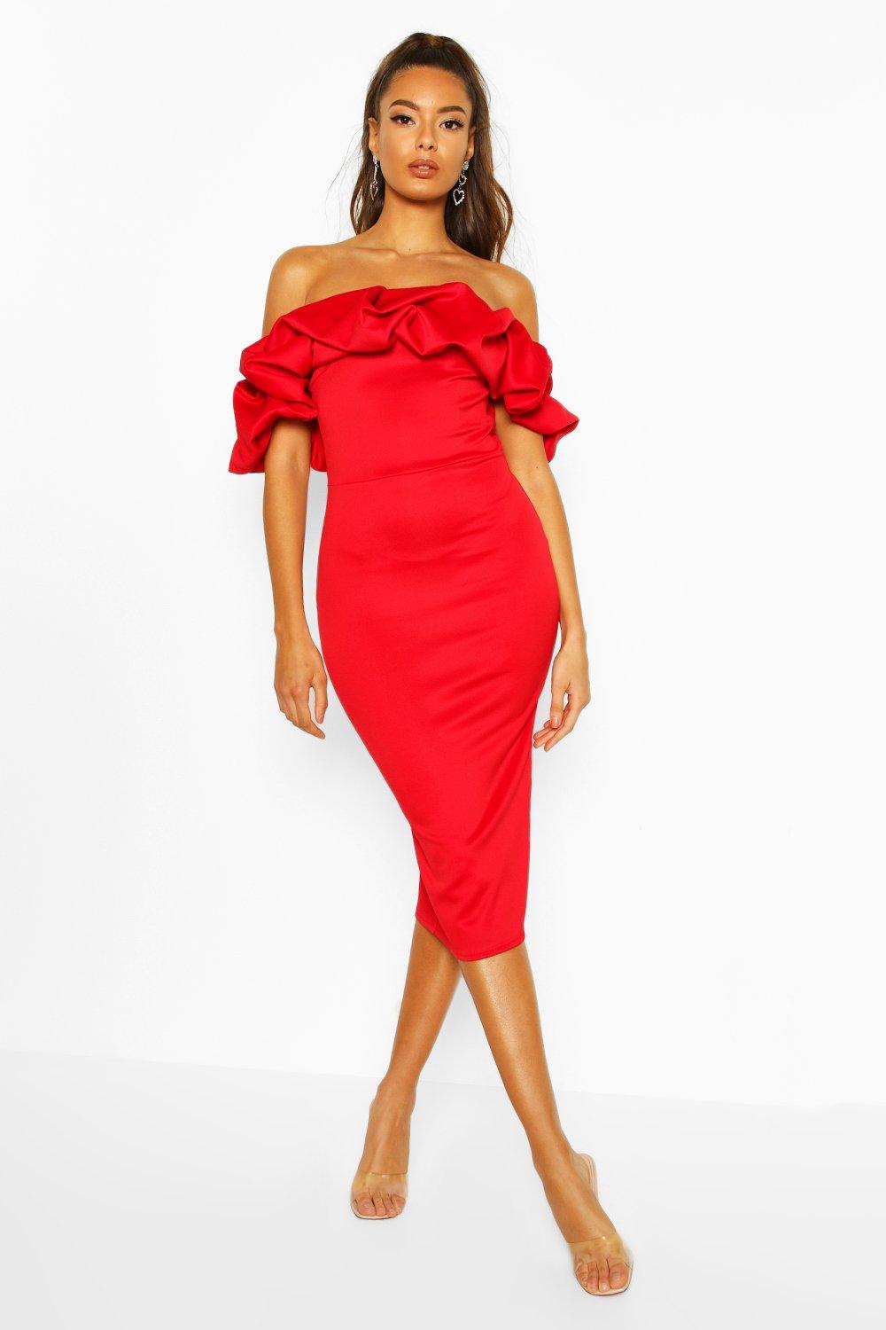 red bardot midi dress