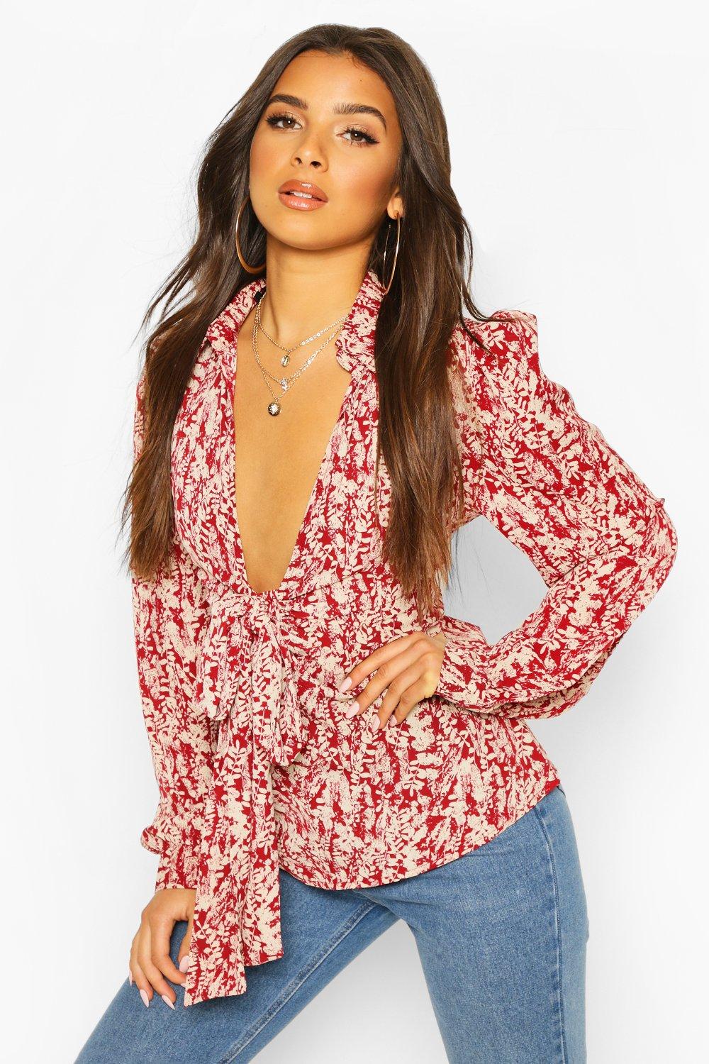 

Woven Printed Tie Front Blouse, Berry
