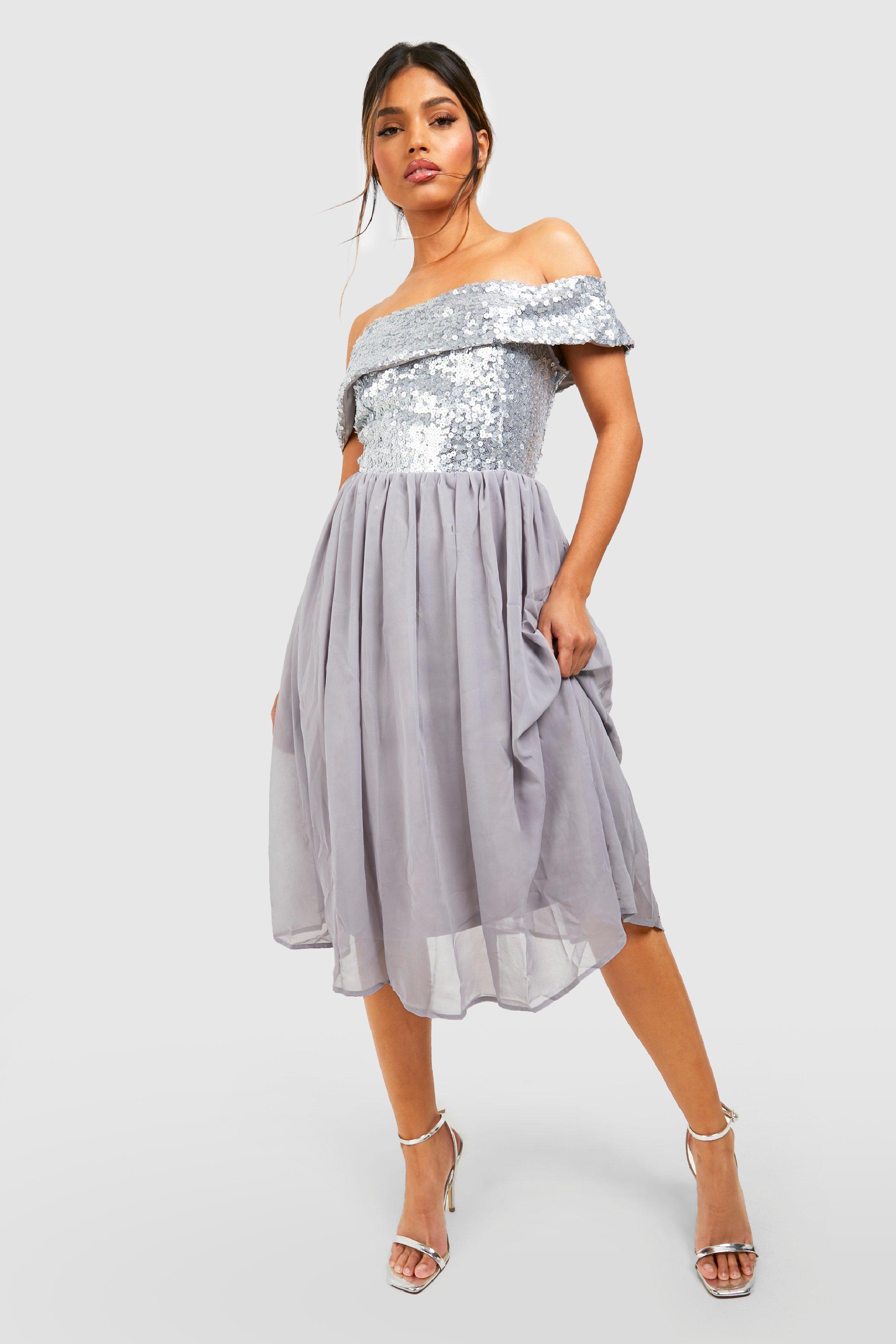 Boohoo Midi Bruidsmeisjesjurk Met Pailletten En Boothals, Silver