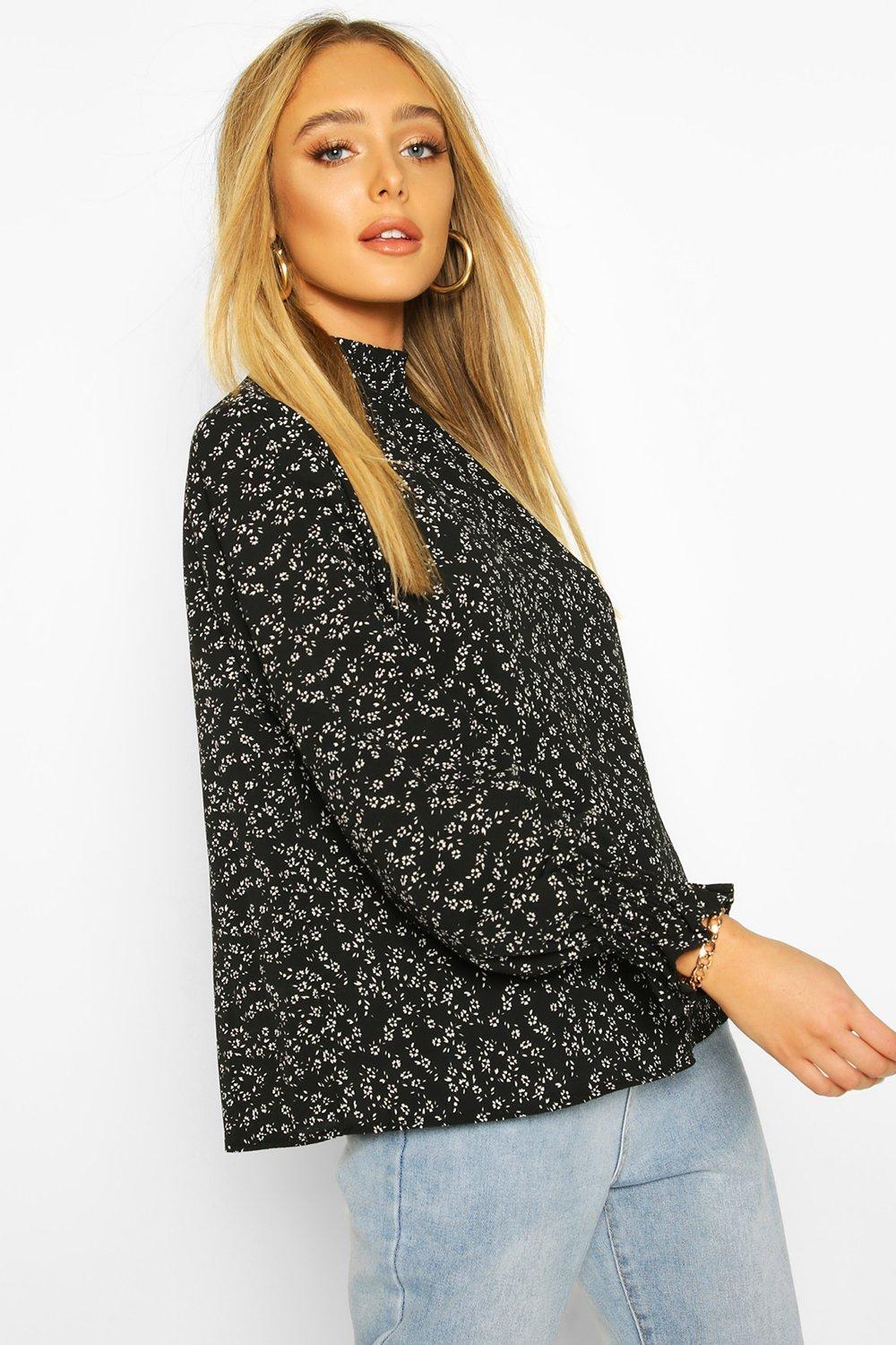 

Ditsy Print High Neck Blouse, Black