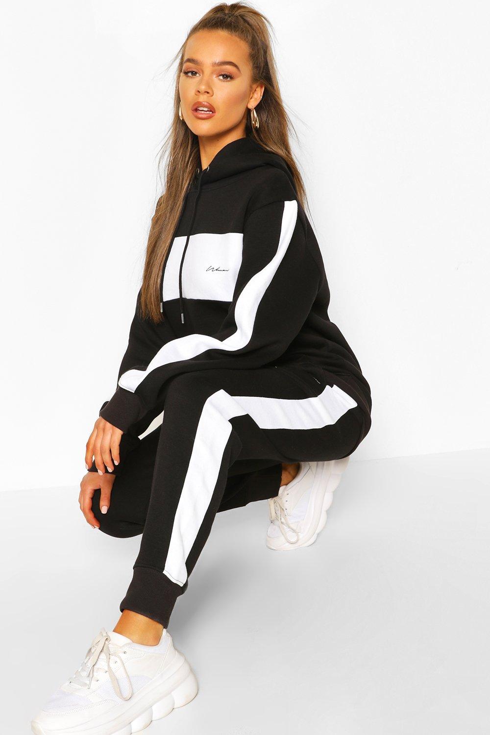 Womens Woman Embroidered Colour Block Stripe Tracksuit - Black - 14, Black