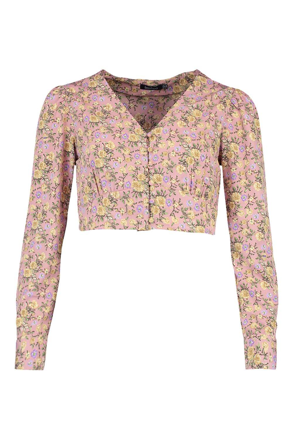 

Блузка с цветочным принтом на пуговицах с декольте, Pink