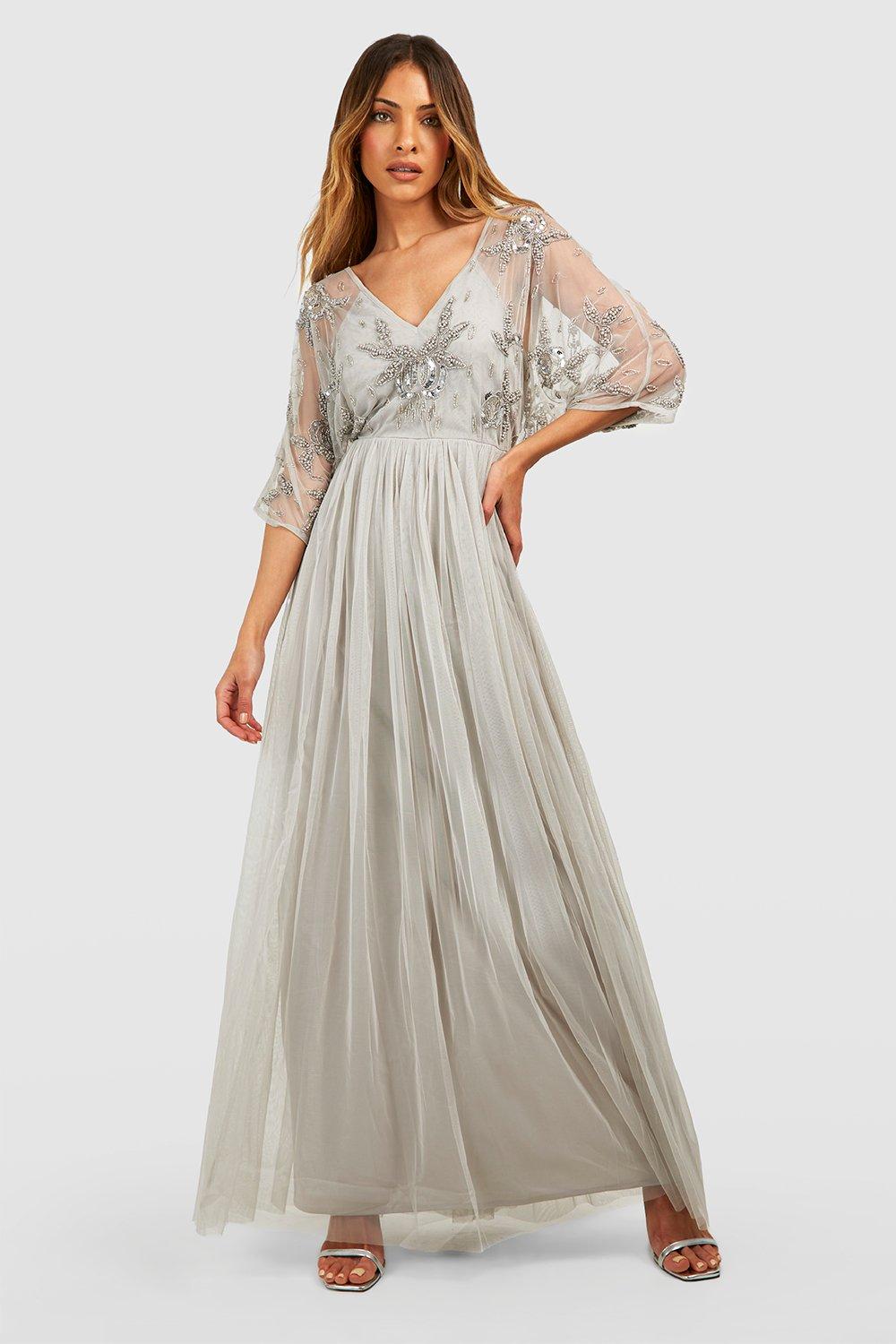 Edwardian Evening Gowns, Ballgowns, Formal Dresses Womens Bridesmaid Hand Embellished Kimono Mesh Maxi - Grey - 12 $152.00 AT vintagedancer.com