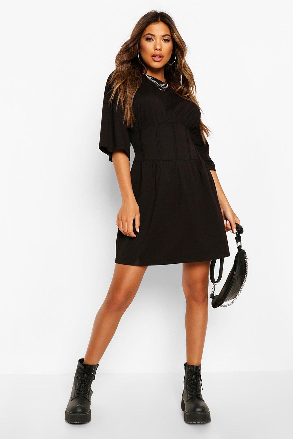 

Ruffle Detail Long Sleeve Shift Dress, Black