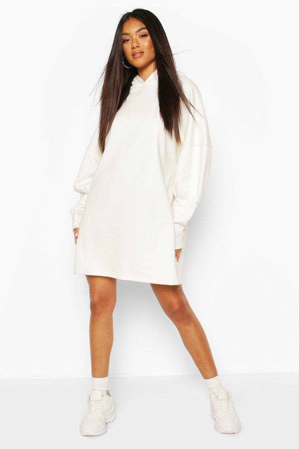 

Hooded Puff Sleeve Sweatshirt Dress, White