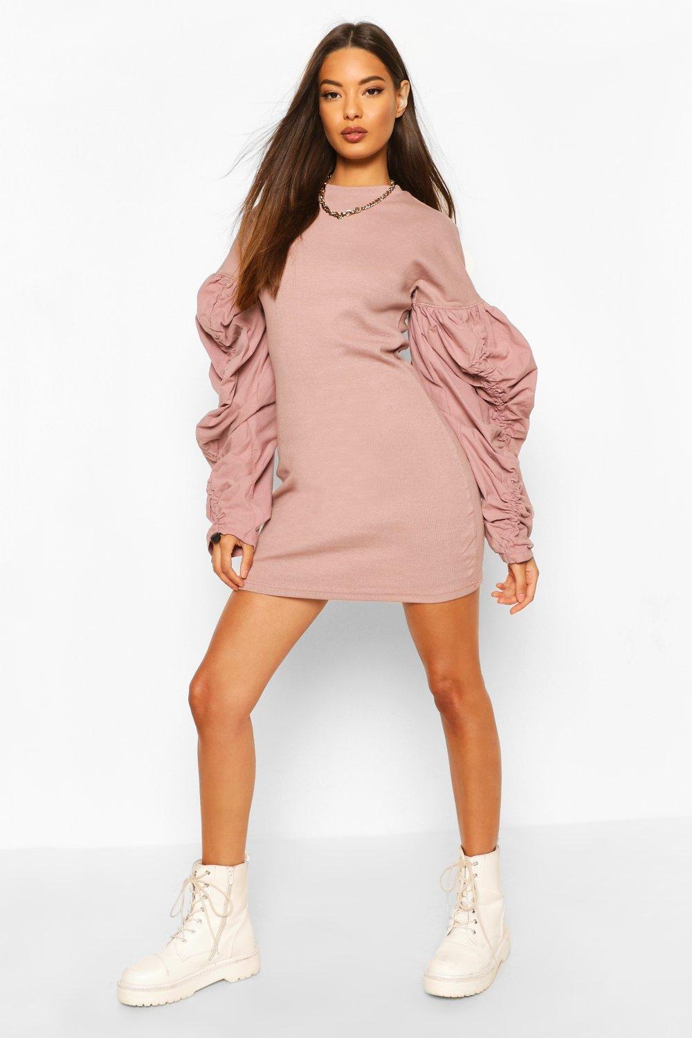 

Ribbed Extreme Rouched Sleeve Mini Dress, Rose