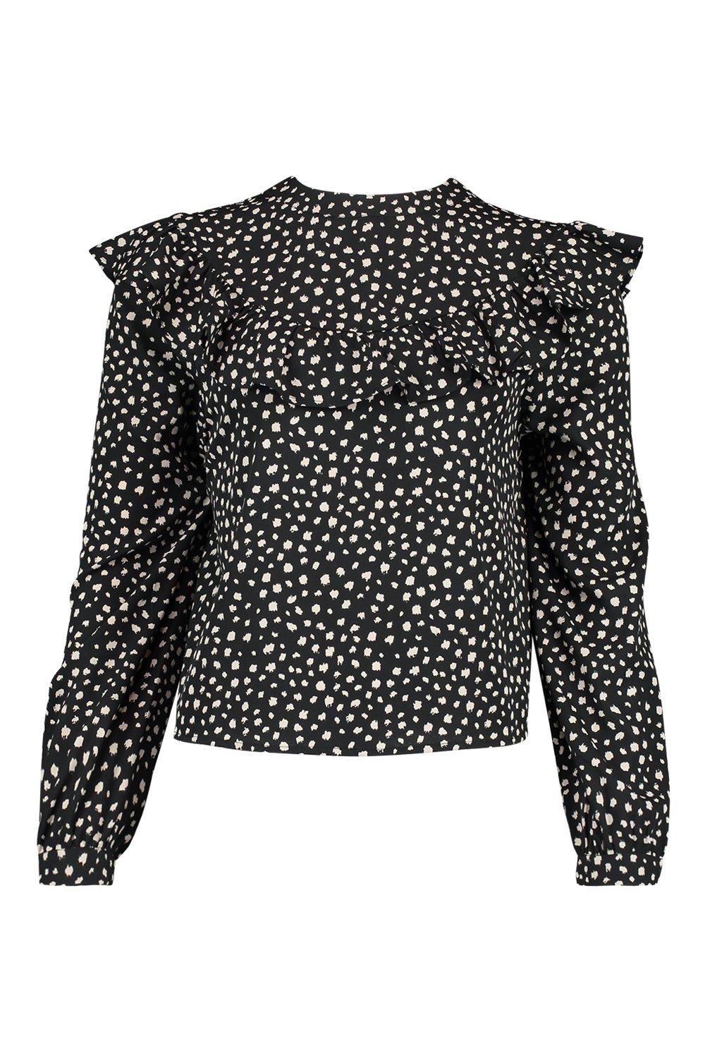 

Smudge Polka Dot Ruffle Detail Open Back Blouse, Black