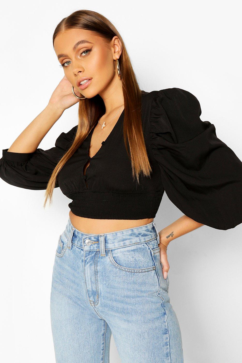 

Woven Extreme Blousson Sleeve Shirred Top, Black