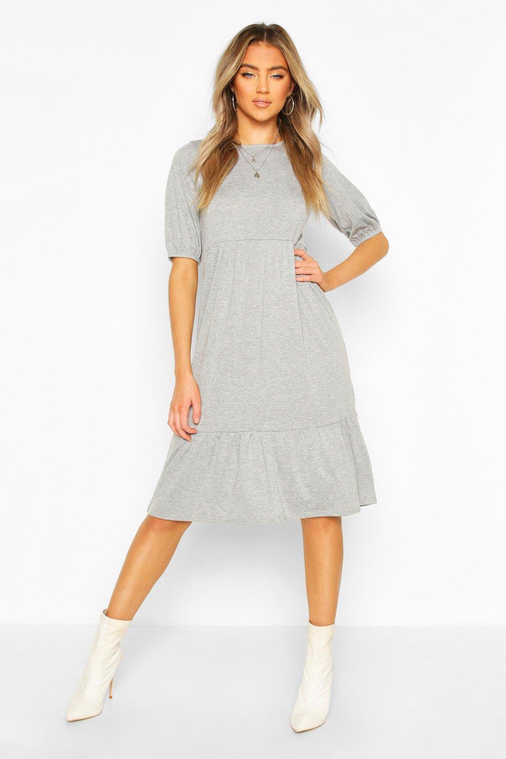 Womens Basic Elasticated Sleeve Drop Hem Midi Dress - Grey - 16, Grey