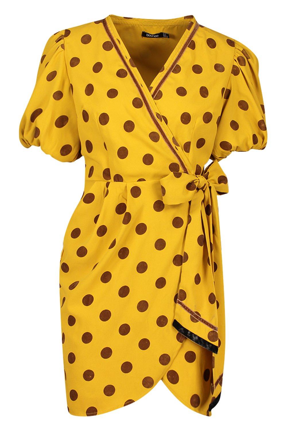 

Polka Dot Puff Sleeve Wrap Dress, Mustard