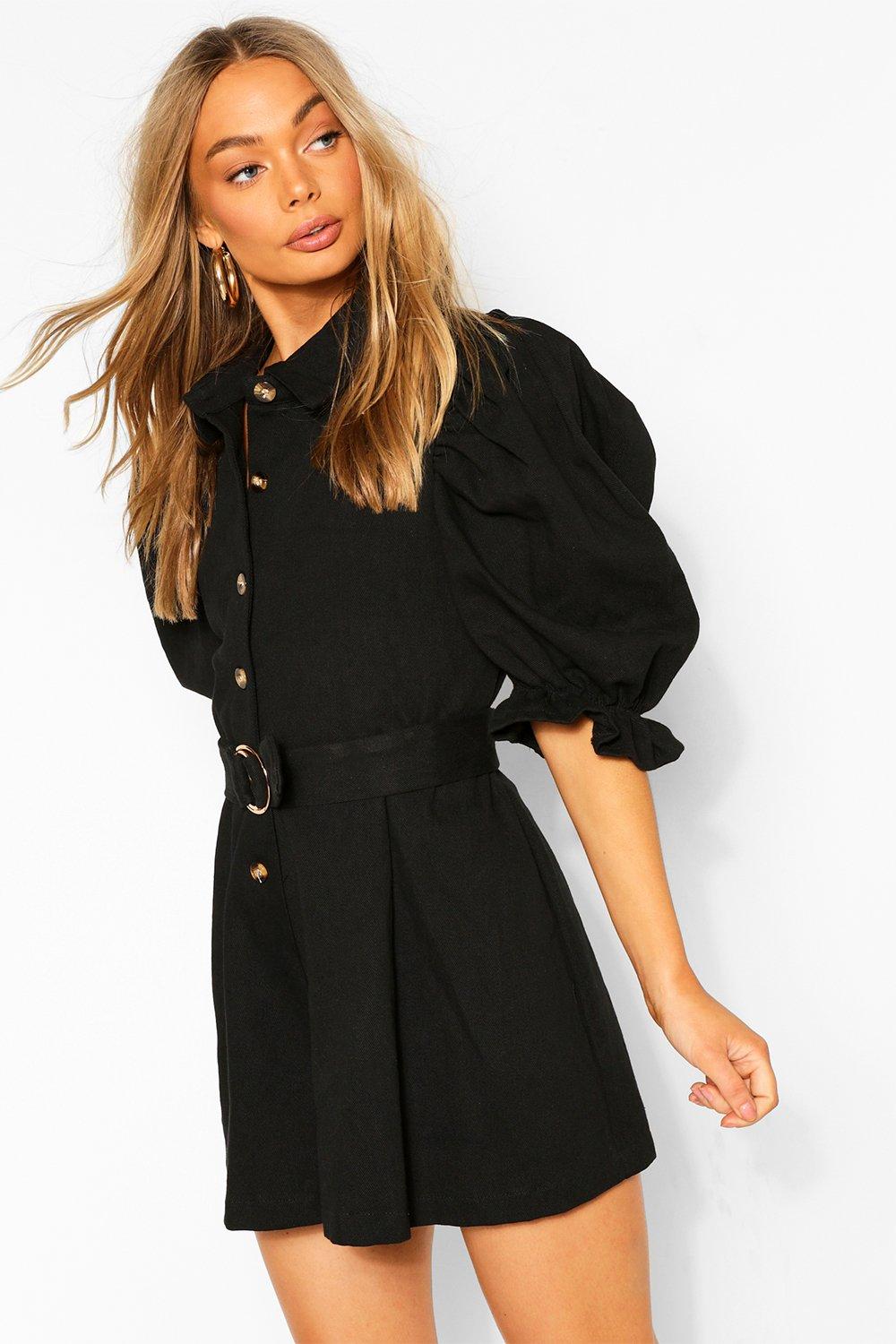 

Denim Puff Sleeve Playsuit, Black