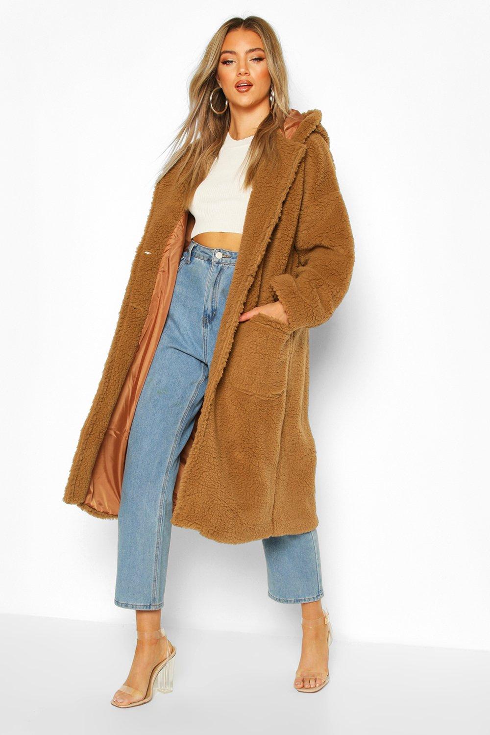 

Teddy Faux Fur Hooded Coat, Camel