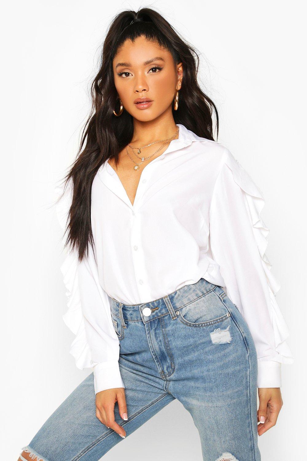 

Woven Ruffle Sleeve Shirt, Black