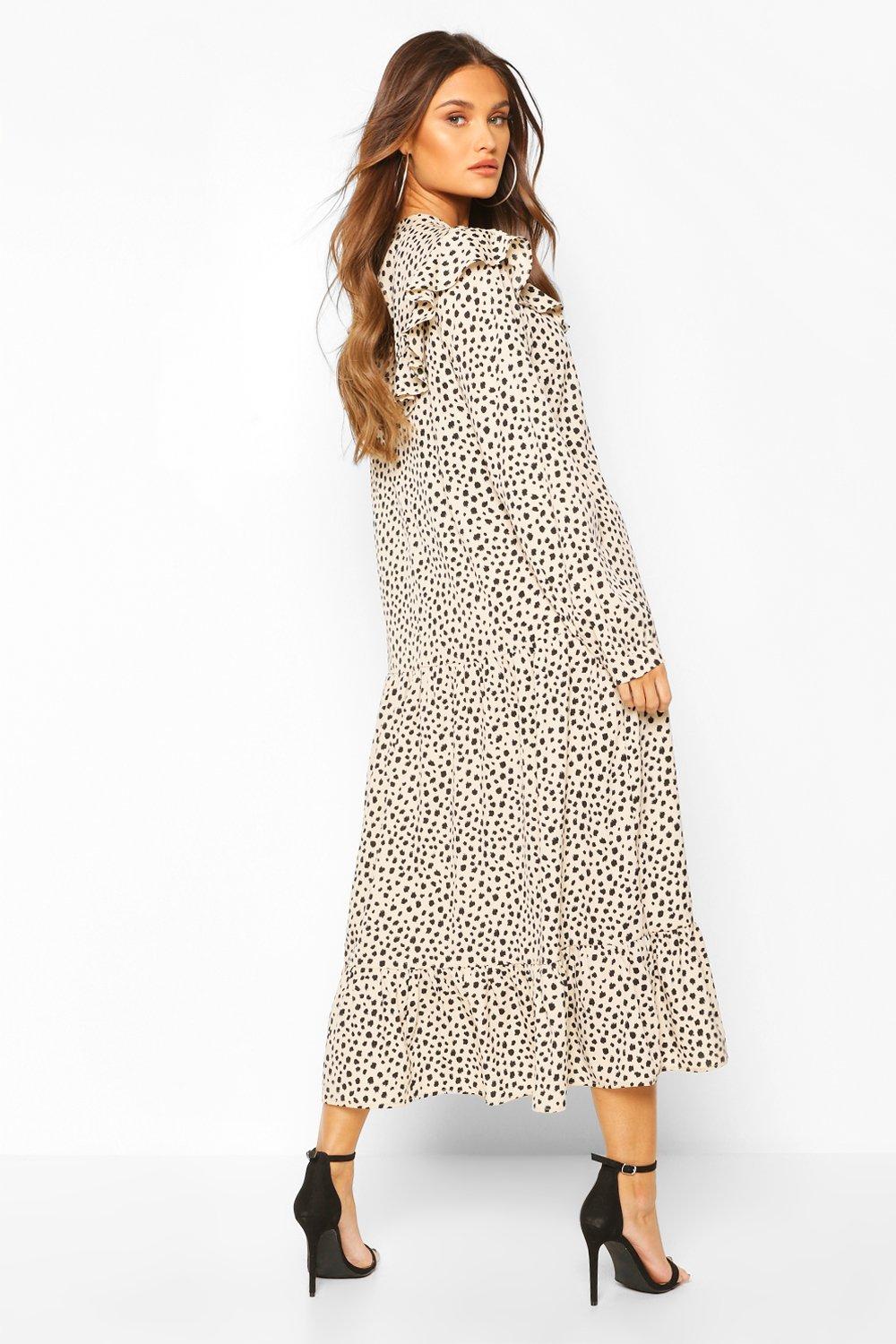 

Smudge Polka Dot Ruffle Drop Hem Midaxi Dress, Stone