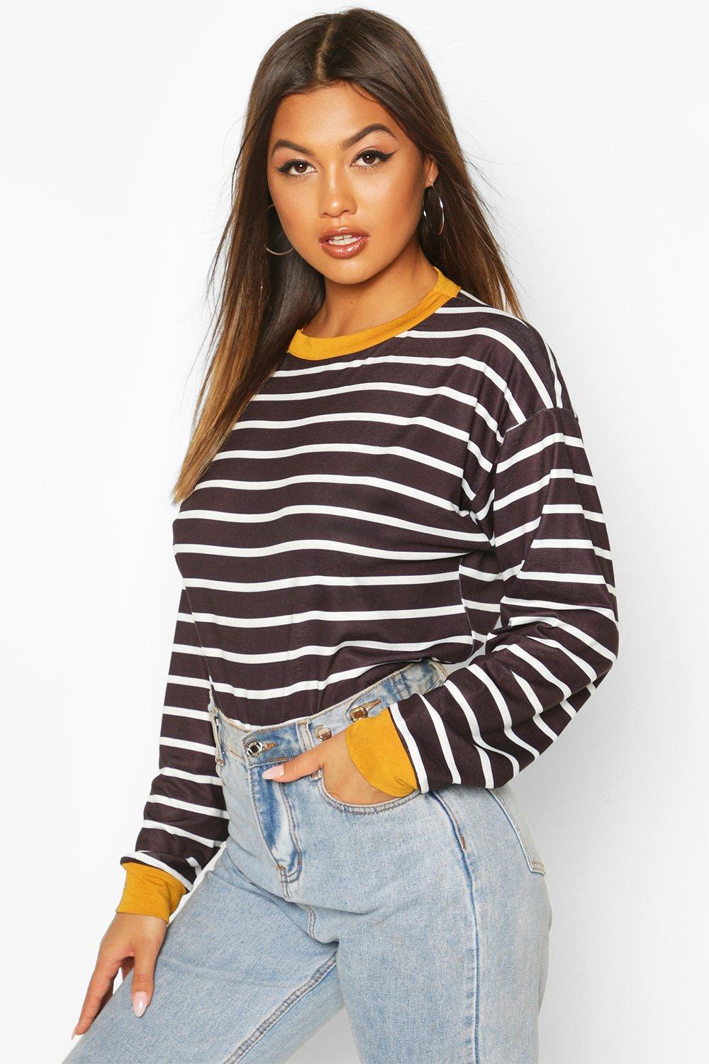 

Striped Tee With Contrast Neck & Cuff, Mustard