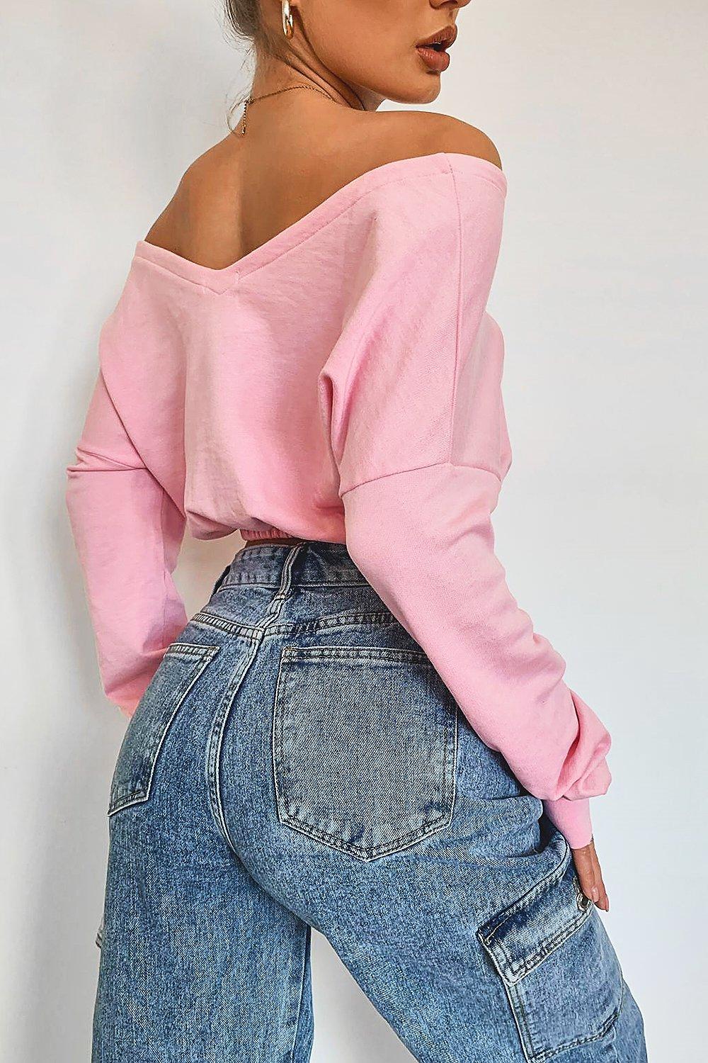 

Cropped Off Shoulder Sweat, Baby pink