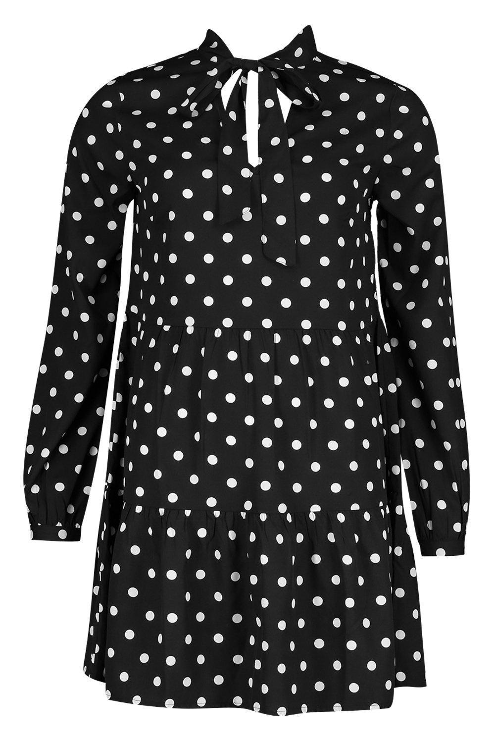 

Polka Dot Pussy Bow Smock Dress, Black