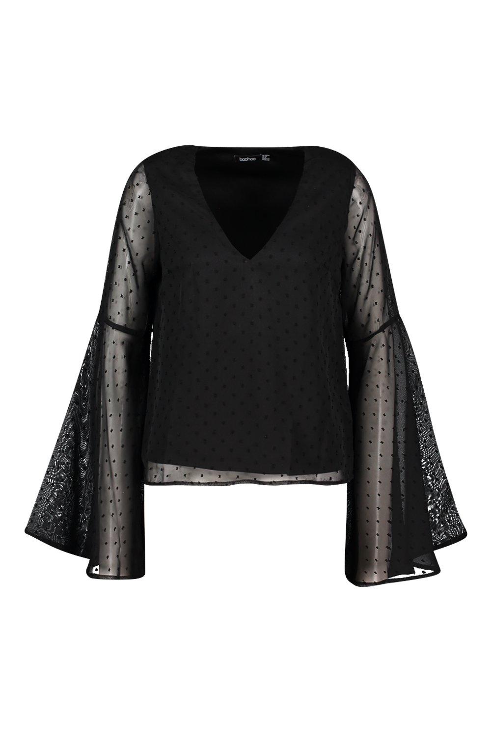

Блузка из шифона добби с расклешенными рукавами, Black
